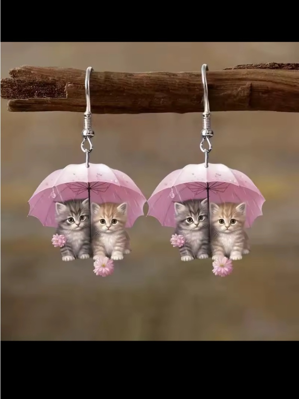 Cute Cat & Pink Umbrella Dangle Earrings